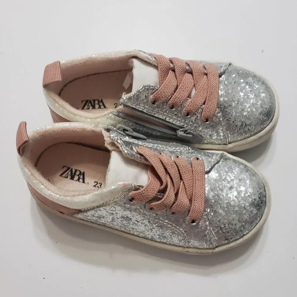 Zara Girl EU Size 23 Silver Side‎ Zipper Lace Up Low Top Shoes Sparkle Sequin